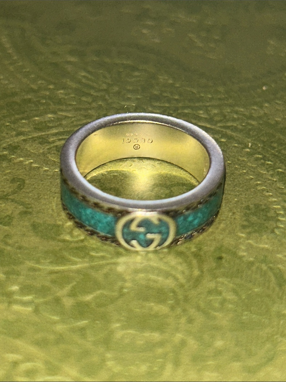 Gucci GG Sterling Silver Enamel Ring AG 925 Green Turquoise 645573 - Picture 7 of 16